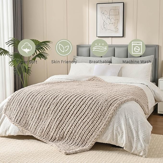 Esterra Chunky Knit Blanket Throw 60"x80", 100% Hand Knitted Chenille Throw Blanket, Cozy Soft Thick Cable Knit Throw Large Rope Knot Crochet Throw Blanket for Sofa Couch Bed, Linen Beige