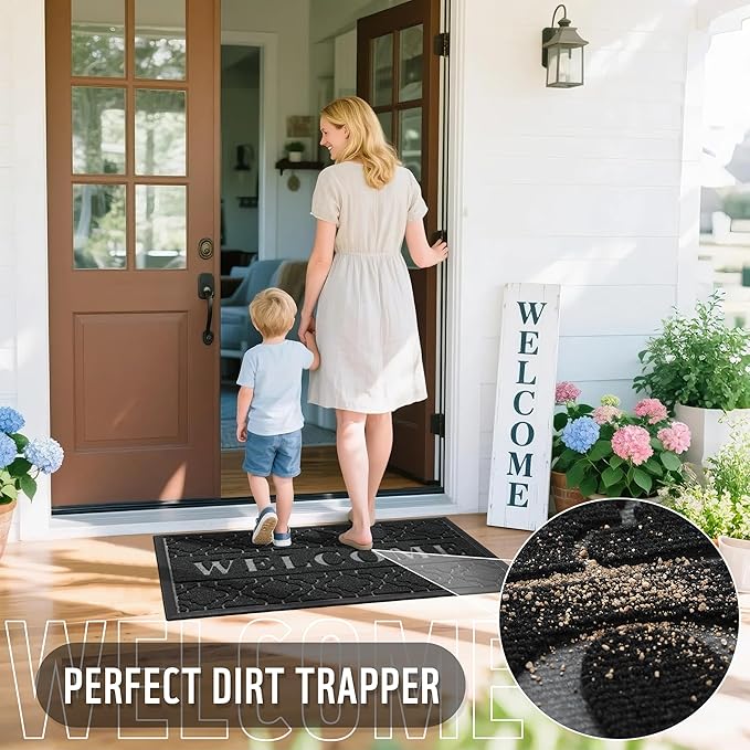 Yimobra Welcome Mat Outdoor Indoor, All-Season Waterproof Front Door Mat Outside Entrance, All-Weather Heavy Duty Non-Slip Doormat, Low Profile Porch Patio Entrance Mats, 29.5x17, Black