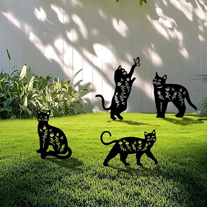 4 Pack Cat Metal Garden Decorative Stakes, Weather Proof Silhouette Statues for Yard, Patio,Outdoor Decor for Cat Lovers and Pet Owners