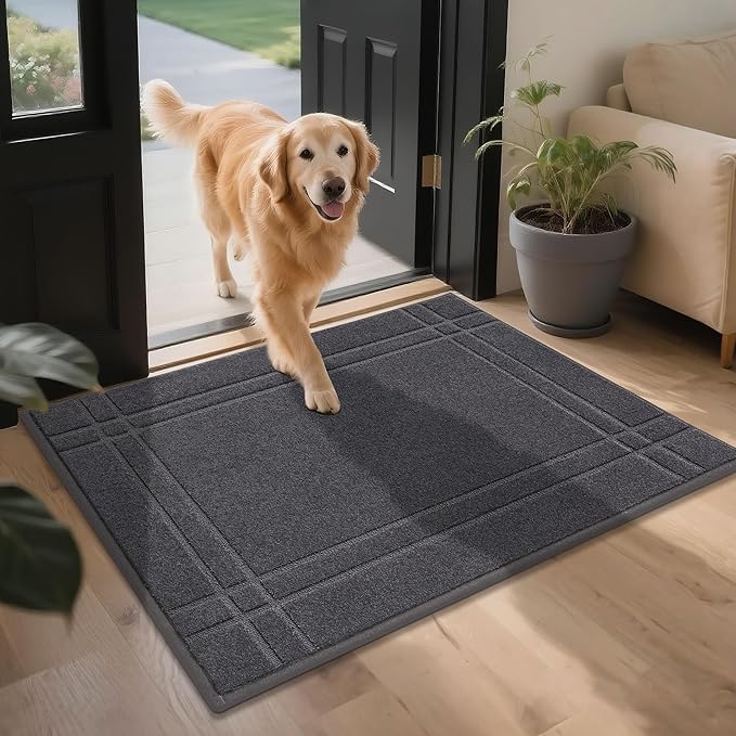 JSEI Entryway Rugs Doormat 32"x48", Non-Slip Dirt Trapper Door Mats Indoor, Washable Absorbent and Stain Resist Welcome Floor Mat for Front Door, Dog Door Mat, Muddy Wet Shoes & Paws, Dark Grey