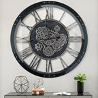 36 Inch Moving Gear Wall Clock, Oversized Wall Clocks, Clock Living Room Decor, Solid Wood Frame, Battery Operated, Large Wall Clock with Steampunk Industrial for Fireplace(Black)