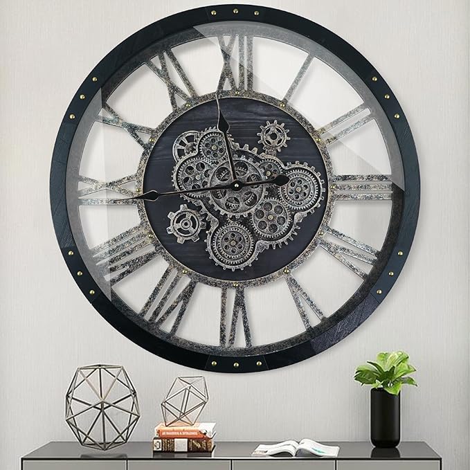 24 Inch Moving Gear Wall Clock, Oversized Wall Clocks, Clock Living Room Decor, Solid Wood Frame, Battery Operated, Large Wall Clock with Steampunk Industrial for Fireplace(Black)