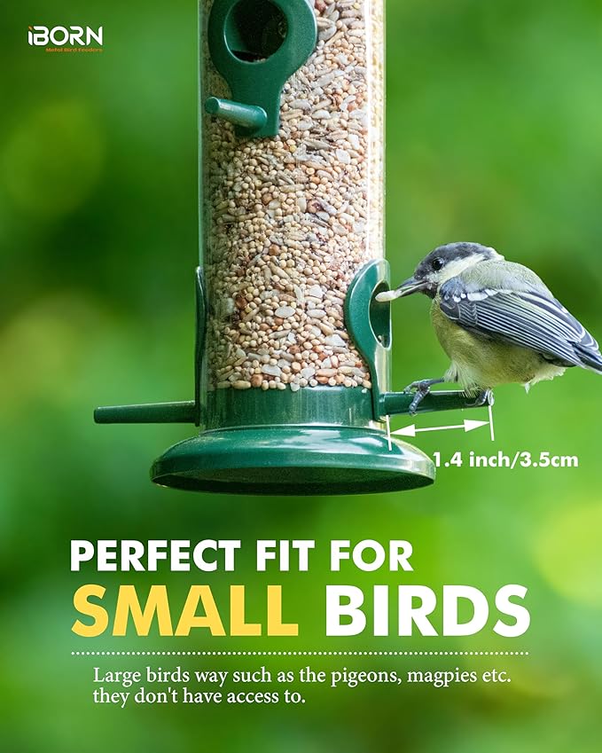iBorn Metal Bird Feeders 6 Ports Hanging Wild Bird Seed Feeder for Mix Seed Blends, Niger Seed Feeder, Sunflower Heart, Birdbath, Heavy Duty All Metal Green Finishing 14 Inch 6Port