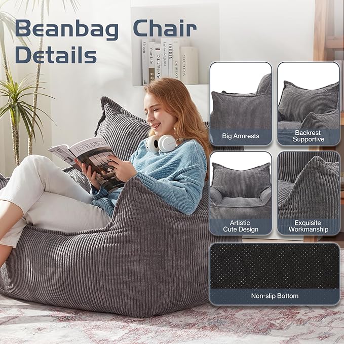 Giant Bean Bag Chair Sofa for Adults Teens, Comfy Corduroy Large Bean Bag Chairs with Armrests for Bedroom Living Room, Adult BeanBag Lazy Sofa Couch Chairs with Filler Included