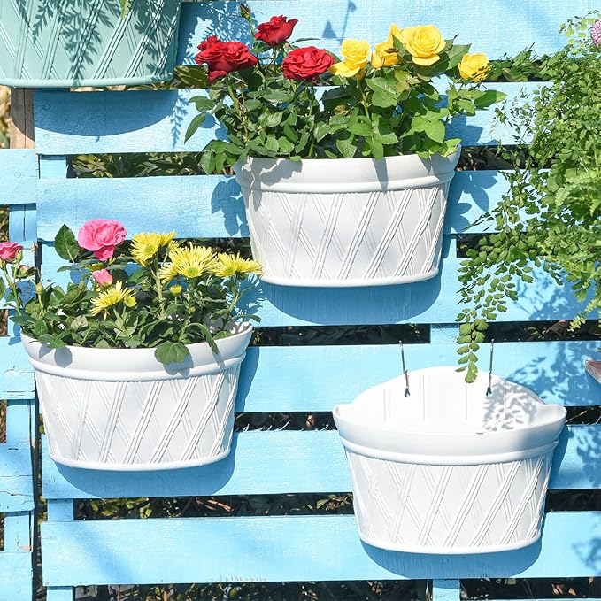 Sungmor Wall Hanging Planters,11.5 Inch Hanging Flower Pots for Railing Fence - Indoor Outdoor Balcony Wall Hanging Basket, Plastic Plant Pot Container - Half Round & 3PC Pack & Grey White
