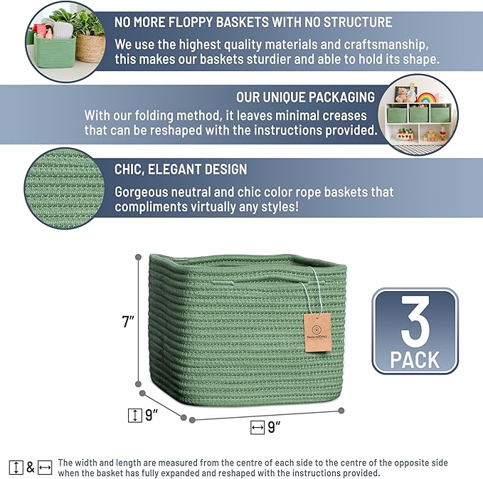 NaturalCozy Storage Cubes 9”x9”x7”Cotton Rope Woven Baskets for Organizing 3-Pack | 9 Inch Cube Storage Bin | Small Basket for Shelf Nursery, Pantry, Decorative Plant, Bathroom Closet, Toy Gift