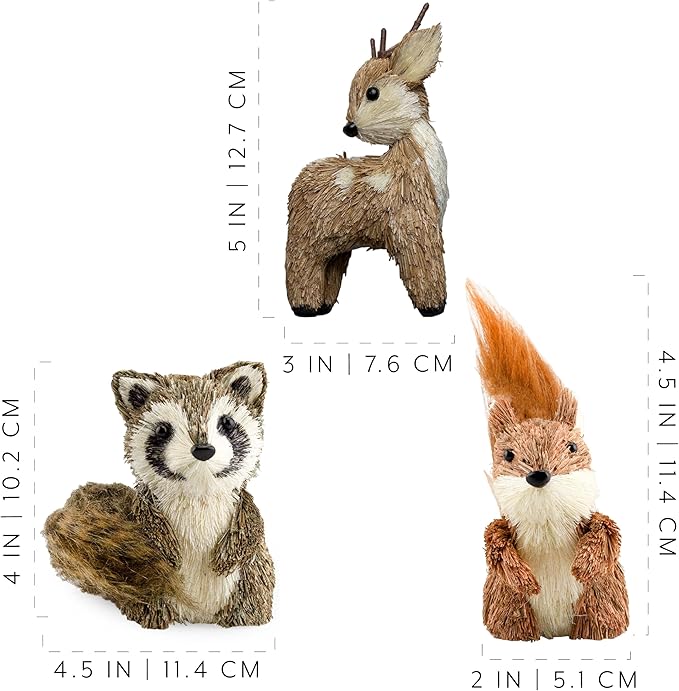 AuldHome Design Woodland Friends Figurines (Set of 3, Deer/Raccoon/Squirrel); Forest Animals Decor for Fall, Christmas, Winter and Themed Decor or Parties