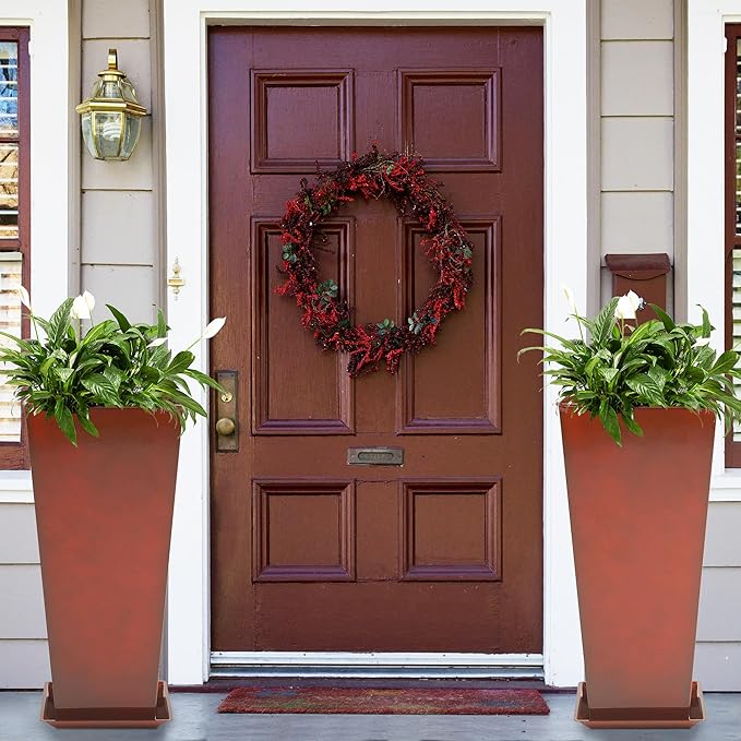 KOL 25''H. Galvanized Steel Planter with Saucer, Tall Glazed Planter Pots for Indoor & Outdoor Use, Set of 2, Decorative Flower Plant Pots with Drainage Hole for Porch, Patio, Deck - Reddish Brown