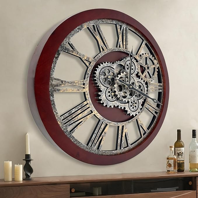 HOIBAI Large Wall Clock, 18 Inch Wall Clocks for Living Room Decor Farmhouse Vintage Rustic Kitchen Wall Decor Vintage Roman Big Oversized Wall Clock for Home Bedroom House Office, Moving Gears Clock