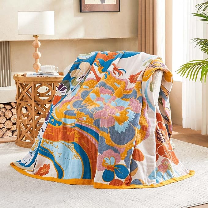 Boho Throw Blanket, Lightweight Blankets for Summer, 100% Cotton Bohemian Decorative Throw Blanket, 80"x90" Reversible Muslin Breathable Woven Farmhouse Blankets Quilt,