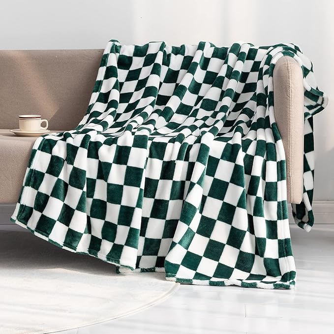 LOMAO Throw Blankets Flannel Blanket with Checkerboard Grid Pattern Soft Throw Blanket for Couch, Bed, Sofa Luxurious Warm and Cozy for All Seasons (Green, 50"x60")