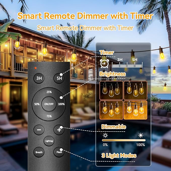 Outdoor String Lights Patio LED Light Outside - 30M 28+2 S14 LED with Remote Control 100ft Porch Lighting IP65 Waterproof