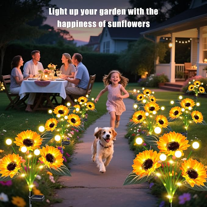 Solar Garden Lights Outdoor - Upgraded 4 Pack Solar Sunflowers Outdoor Waterproof with Firefly Lights,Garden Decor for Outside Yard Patio Lawn, Gardening Gifts for Mom Women Grandma