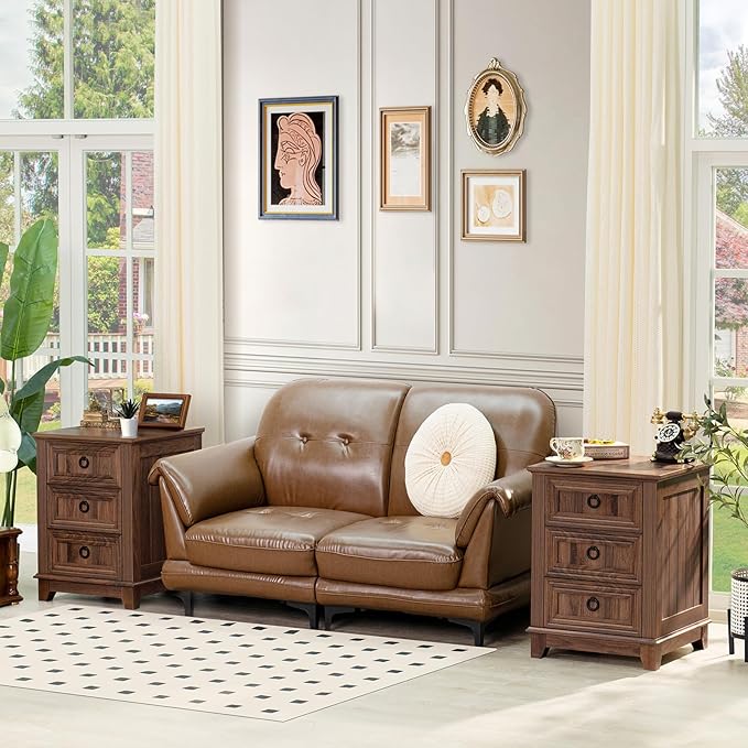 18" Farmhouse Night Stand with 3 Drawers, Wood End Table Dresser for Bedroom, Retro Nightstand, Bed Side Table with Metal Handle, Bedside Cabinet for Bedroom Living Room, Closet