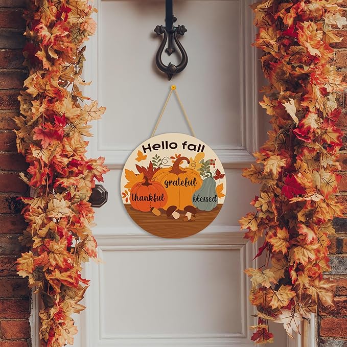 Fall Decorations for Home - Welcome Sign for Front Door,Rustic Round Wood Wreaths for Outdoor,Maple Leaves Garland Porch Decor for Thanksgiving Friendsgiving - Fall Decor for Room Kitchen Wall