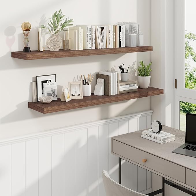 Fun Memories 48 Inch Deep Floating Shelves for Wall, 2 Pack of Long Wall Mounted Wood Shelves with Invisible Brackets for Bathroom, Bedroom, Living Room, Kitchen Decor and Storage, Walnut