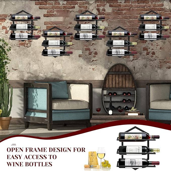 2Pcs Wall Mounted Wine Stemware Rack, Metal Hanging Wine Glass Display Holde Holds 3 Bottles, Elegant Storage for Kitchen Dining Room Bar Wine Cellar