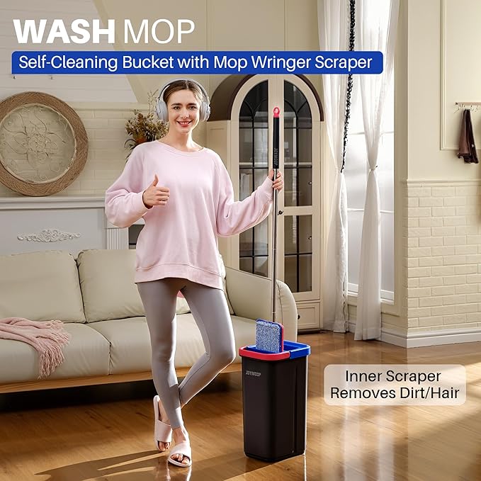 JOYMOOP Mop and Bucket Set for Home, Hands-Free Self-Cleaning System, with 5 Reusable Microfiber Mop Pads, Suitable for Floor Cleaning and Wall Cleaner - Black+Red+Slate Blue