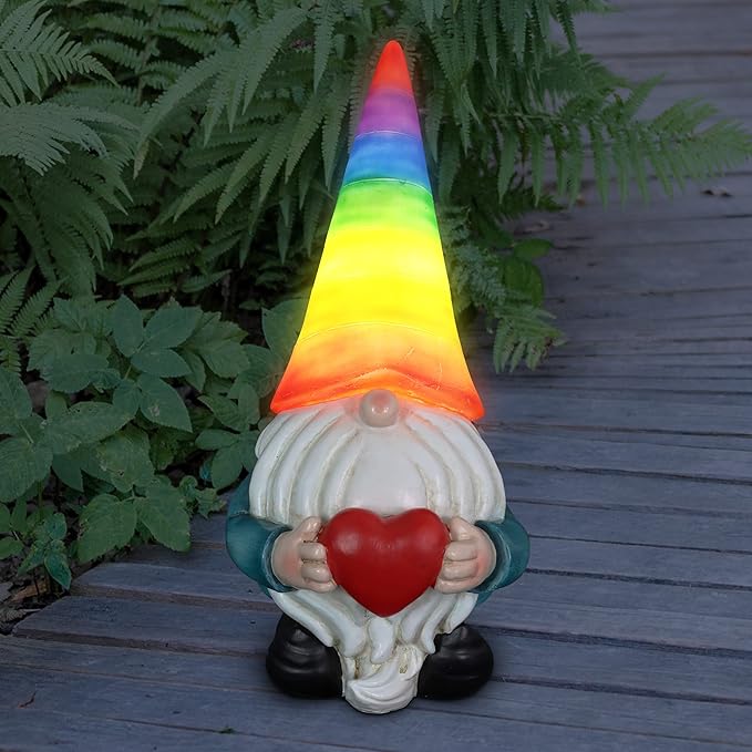 Exhart Garden Gnome, Solar Garden Gnome Statue with Heart, LED Rainbow Hat, Cute Outdoor Garden Decoration, 6 x 12.5 Inch, Multicolor, Resin