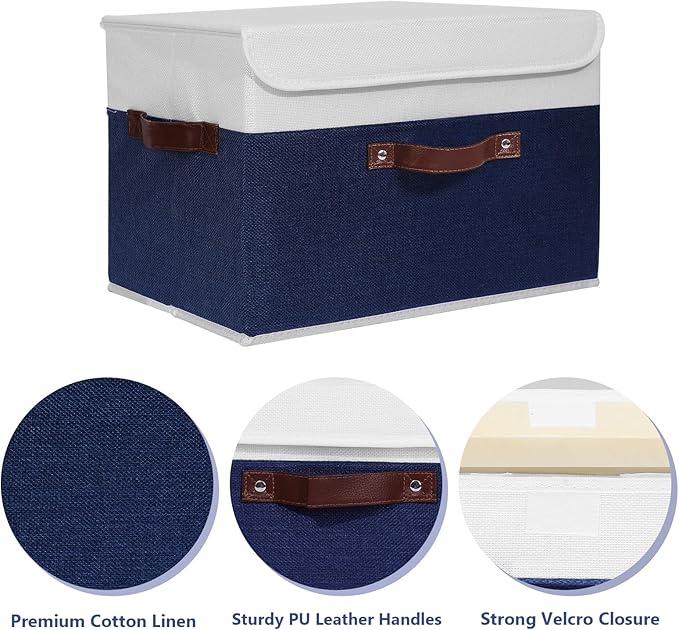 ANMINY 2PCS Storage Boxes with Lid Washable Decorative Storage Bin Basket with PU Leather Handle Foldable Linen Fabric Storage Cube Container for Home Closet Organizer - Deep Blue White, Large Size