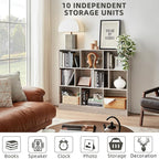 LEYAOYAO 10 Cube Bookshelf with Base,3 Tier Mid-Century Modern Grey Bookcase,Standing Wide Bookshelves Storage Organizer Shelf,Rustic Wood Display Cabinet Book Shelves for Bedroom,Living Room,Office