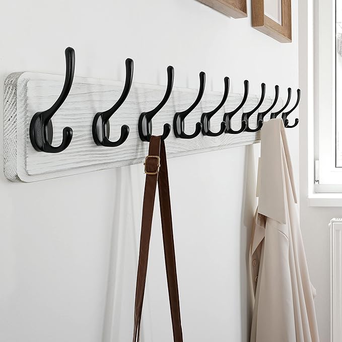 SKOLOO Rustic Wall Mounted Coat Rack, Case of 2, Pine Solid Wood Coat Hook Hanger - 10 Hooks for Hanging Clothes Robes Towels Coats