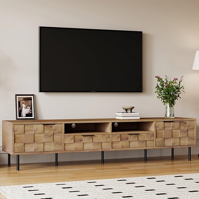 Modern TV Stand for TVs up to 85", Mid-Century Media Console with Checkered Cabinet Doors, Storage Drawers & Open Shelves, Wood Entertainment Center with Metal Legs