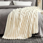 Cozy Bliss Faux Fur Throw Blanket for Couch, Cozy Warm Plush Striped Blanket for Sofa Bedroom Living Room,60 * 80 Inches Beige