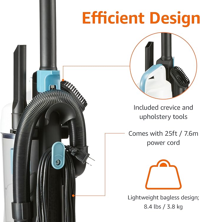 Amazon Basics Upright Bagless Vacuum Cleaner for Carpet and Hard Floors, With Crevice and Upholstery Tools, Detachable Handle, Lightweight (8.4 lbs), 1.7L Dust Cup, 720W, 25ft Cord, Black/White