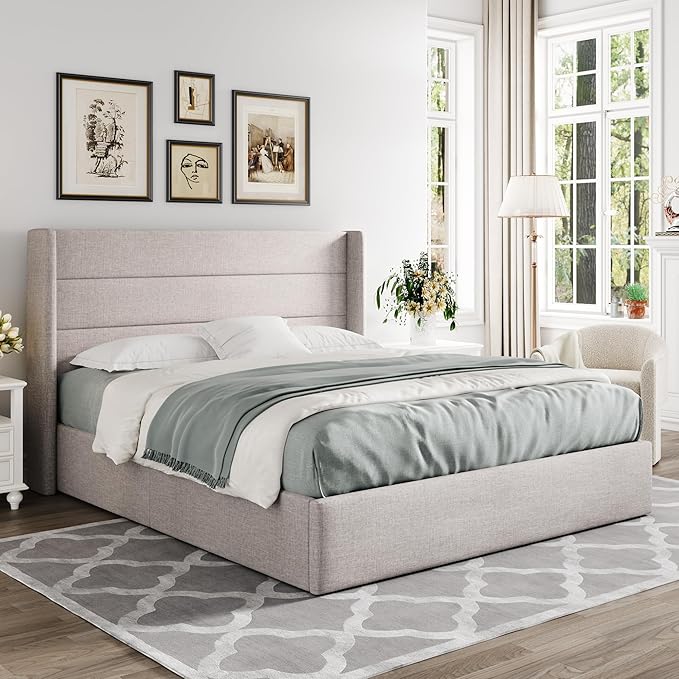 Allewie Full Size Lift Up Storage Bed, Modern Wingback Headboard, Hydraulic Support, No Box Spring Needed, Light Beige