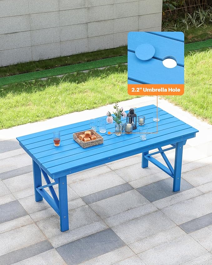 HDPE Outdoor Dining Table, 66.9” Rectangle Patio Dining Table for 6, All-Weather HDPE Outdoor Table with 2.2” Umbrella Hole, HDPE Patio Furniture for Deck, Backyard, Garden, Pool, Sky Blue