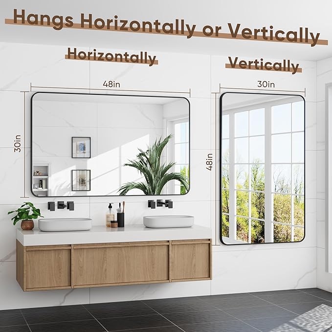 Bathroom Mirror 48" x 30", Large Rectangle Wall Mirror, Black Metal Frame Wall Mounted Mirrors for Bathroom, Vanity, Bedroom, Entryway Decor(Horizontal/Vertical)