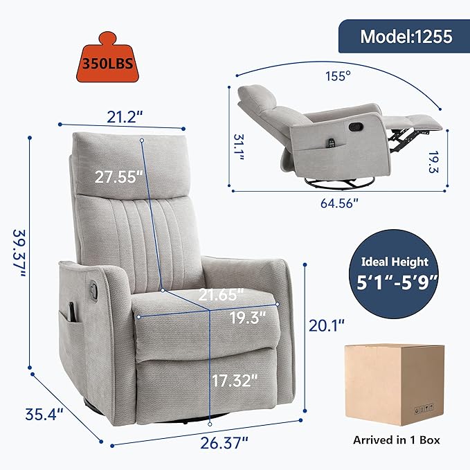 Manual Swivel Rocker Recliner Chair for Adults, Overstuffed Reclining Glider Chair for Nursing with Vibration Massage & Heat, Living Room Rocking Recliner 2-Stage backrest, Chenille Fabric Light Gray