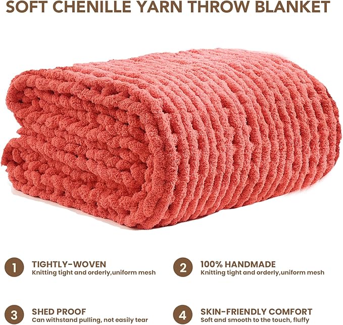 L'AGRATY Chunky Knit Blanket Throw: 50''x60'' Chenille Chunky Knitted Throw Blankets for Bed Couch - Handmade Thick Cable Knit Blanket - Large Crochet Rope Blankets for Home Decor(Coral Pink)