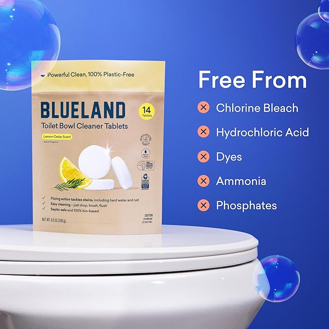 BLUELAND Toilet Bowl Cleaner Tablets, Starter Set, 14 Count with Tin, Lemon Cedar, Plastic-Free, No Harsh Chemicals, Plant-Based