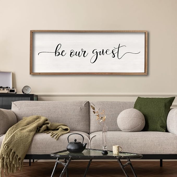 comurdyo Be Our Guest Wall Decor Sign 40”X15” Large Master Bedroom Above Bed Wall Decor Wood Framed Guest Room Sign Simple Rustic Farmhouse Over Bed Bedside Wall Art (Wood)