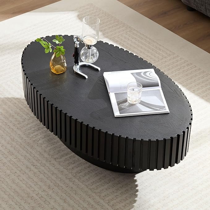 Oval Coffee Table for Living Room, Modern Fluted Coffee Tables with Pedestal Base, Handcrafted Centre Tea Tables Easy Assembly-43.7" Black