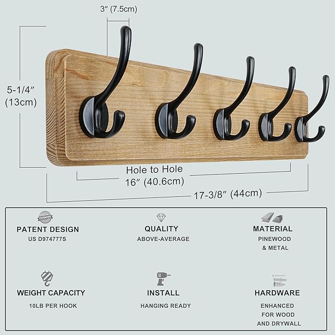 Dseap Coat Rack Wall: Patented, Heavy-Duty, 17.4" Long 5-Double-Hooks Wooden Wall Mounted Coat Rack Coat Hanger Hook Rail for Winter Coats Hat Jacket Clothing, Weathered Brown, Pack of 2