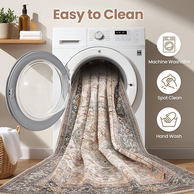 Washable Area Rugs for Living Room - 9x12 Neutral Vintage Distressed Floral Farmhouse Boho Large Soft Floor Rug Indoor Non Slip Carpet for Bedroom Dining Room Office -Forest Green Orange