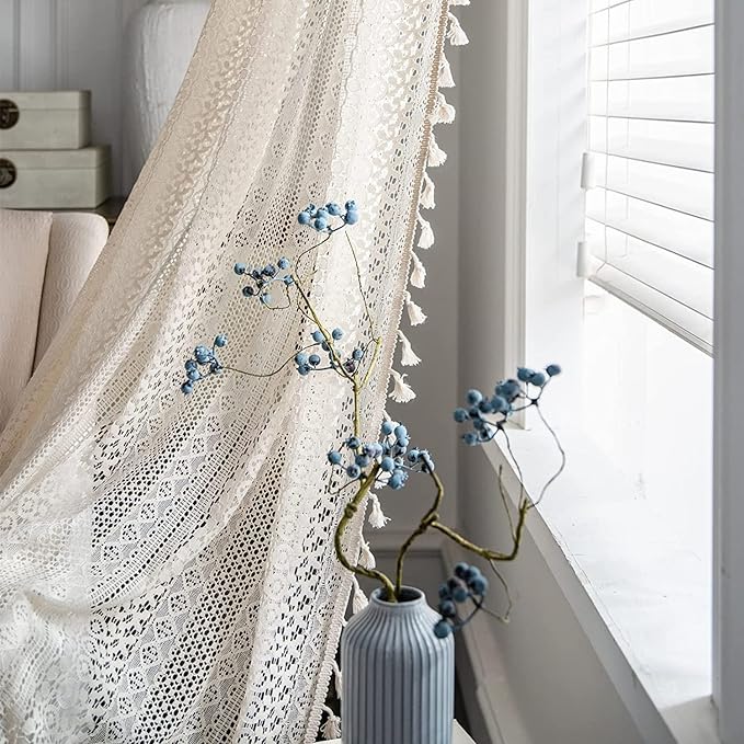 Sutuo Home Boho Sheer Curtain 108 Inches Long, Crochet Lace with Bohemian Hollow Knitted Handmade Tassels,Vintage Farmhouse Window Treatment for Bedroom, Rod Pocket, 1 Panel 59" W x 108" L, Beige