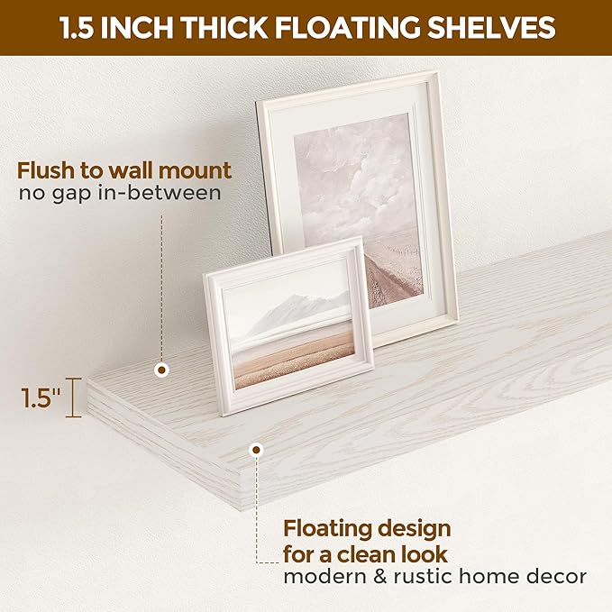 24 x 9 Floating Shelves, 9 Inch Deep Floating Shelf Wall Mounted, 24 Inch Bathroom Shelves Set of 2, Rustic Wood Wall Shelf for Bedroom, Living Room, Brich Color