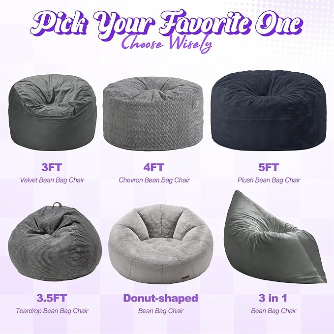 Hobestluk 3 in 1 Bean Bag Chair Giant Bean Bag Chairs for Adults with Velvet Cover Convertible Bean Bag Floor Cushion with Machine Washable Cover for Living Room (Velvet Grey)