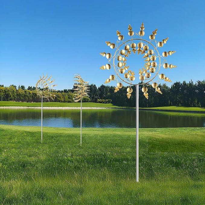 Unique and Magical Metal Windmill, 2Pcs Wind Spinners, 3D Wind Powered Kinetic Sculpture, Stainless Steel Wind Spinners, Wind Mill for Yard and Garden (2PCS-Golden)