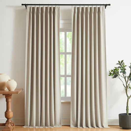 Vision Home Sand Pinch Pleated Full Blackout Curtains Linen Blended Room Darkening Window Curtains 112 inch for Living Room Bedroom Thermal Insulated Pinch Pleat Drapes with Hooks 40" Wx112 Lx2