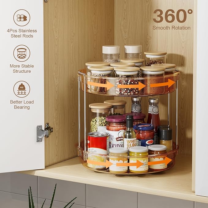 LAMU 12inch 2 Tier Lazy Susan Turntable Organizer Rotating Spice Rack Organization for Cabinet, Kitchen, Pantry, Countertop, Bathroom, Vanity, Medicine Cabinet Organizer, Amber