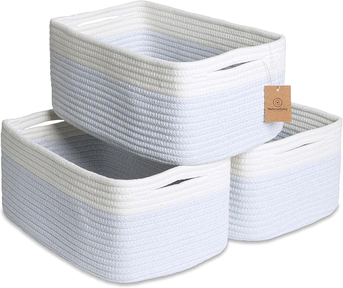 NaturalCozy 13.5”x8.5”x5.5” Rectangle Storage Baskets for Shelves 3 Pack | Cotton Rope Woven Small Baskets for Organizing | Small Storage Bins for Nursery, Bathroom, Closet, Shelf, Decorative