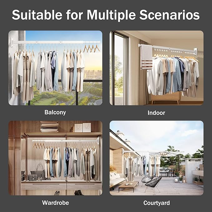Wall Mounted Clothes Drying Rack, Retractable Laundry Rack for Hanging Clothes, Collapsible, Foldable, White-Rings