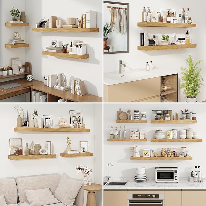 fuqing Floating Shelves for Wall, Bathroom Shelf Wall Mounted for Storage, Shelves with Invisible Bracket for Bedroom, Kitchen, Living Room, Farmhouse Small Book Shelf, 55 Inch Set of 2, Oak