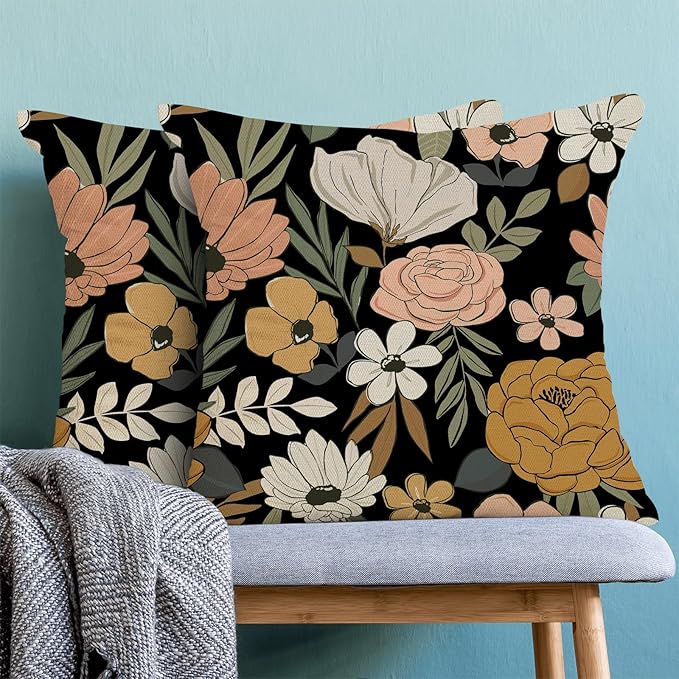 CXMEIFLY Spring Floral Pillow Covers 16 x 16 Inch Set of 2 for Vintage Pink Mustard Yellow Cream Flowers Decor Throw Pillows Plant Black Outdoor Decorative Cushion Cases for Couch Bed Decorations