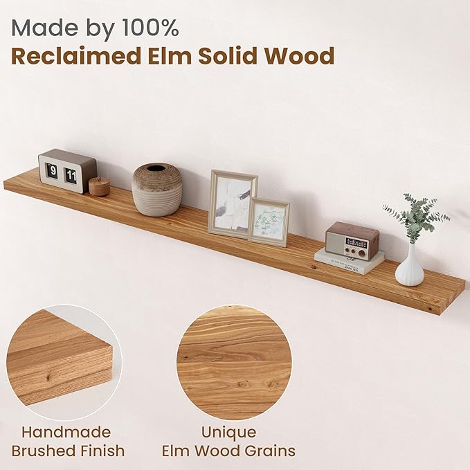 Floating Shelves for Wall Decor, 8" Deep Rustic Solid Elm Wood Floating Shelves Wall Mounted, Wall Shelves with Invisible Bracket for Living Room Bathroom Bedroom Kitchen, 72 Inch Set of 1, Natural